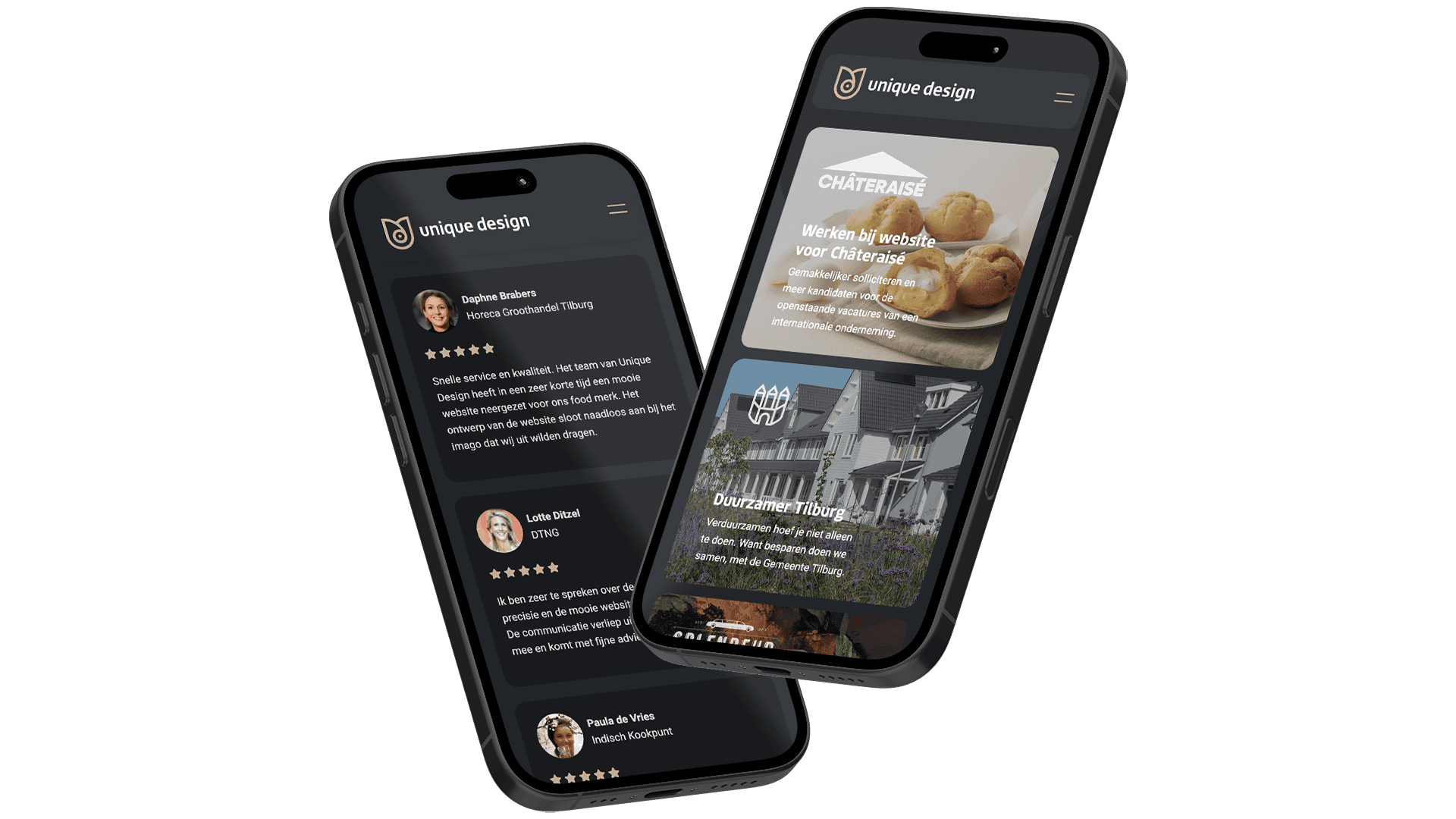 Mockup van twee smartphones met klantreviews en projecten van Unique Design – mobielvriendelijk webdesign voor bedrijven in Tilburg.