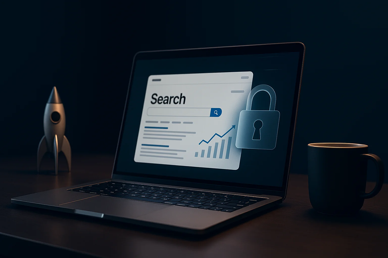 Laptop op donker bureau met zoekpagina, algemene grafiek en veiligheids-icoon, als visuele weergave van website optimalisatie, website snelheid, WordPress updates, WordPress beveiliging en laadtijd website.
